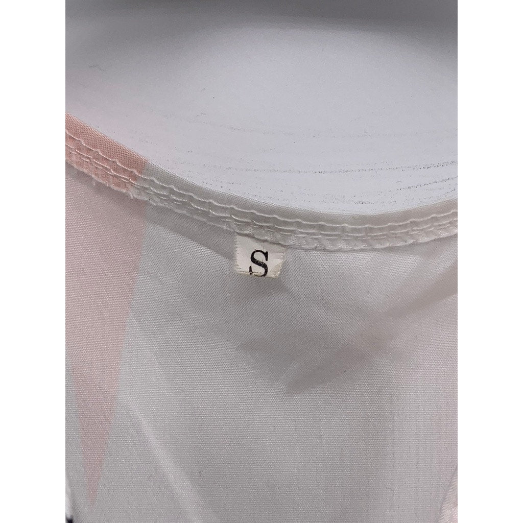 UNBRANDED Women's White-Pink-Black V-Neck Cuffed Slip A-Line Belted Dress SZ S