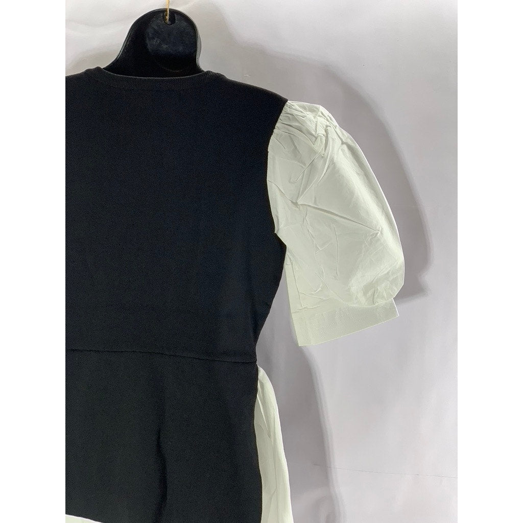 ENGLISH FACTORY Women's Black/White Short Puff Sleeve Poplin Mini Dress SZ L