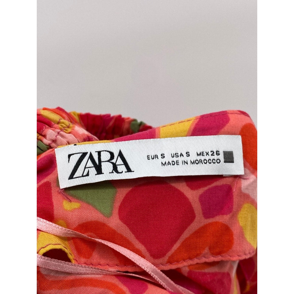 ZARA Women's Orange-Pink Floral V-Neck Cutout Back Maxi Dress SZ S