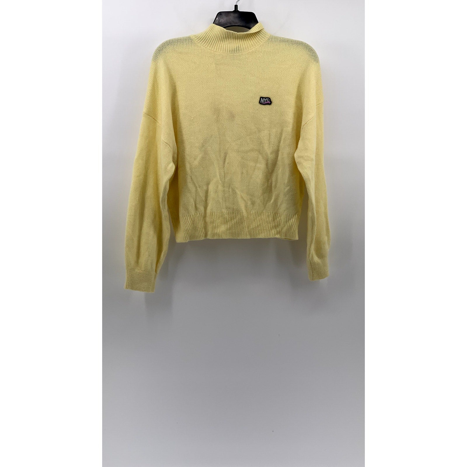 DIVIDED By H&M Women's Yellow Knit Mock-Neck NYC Patch Logo Sweater SZ XS