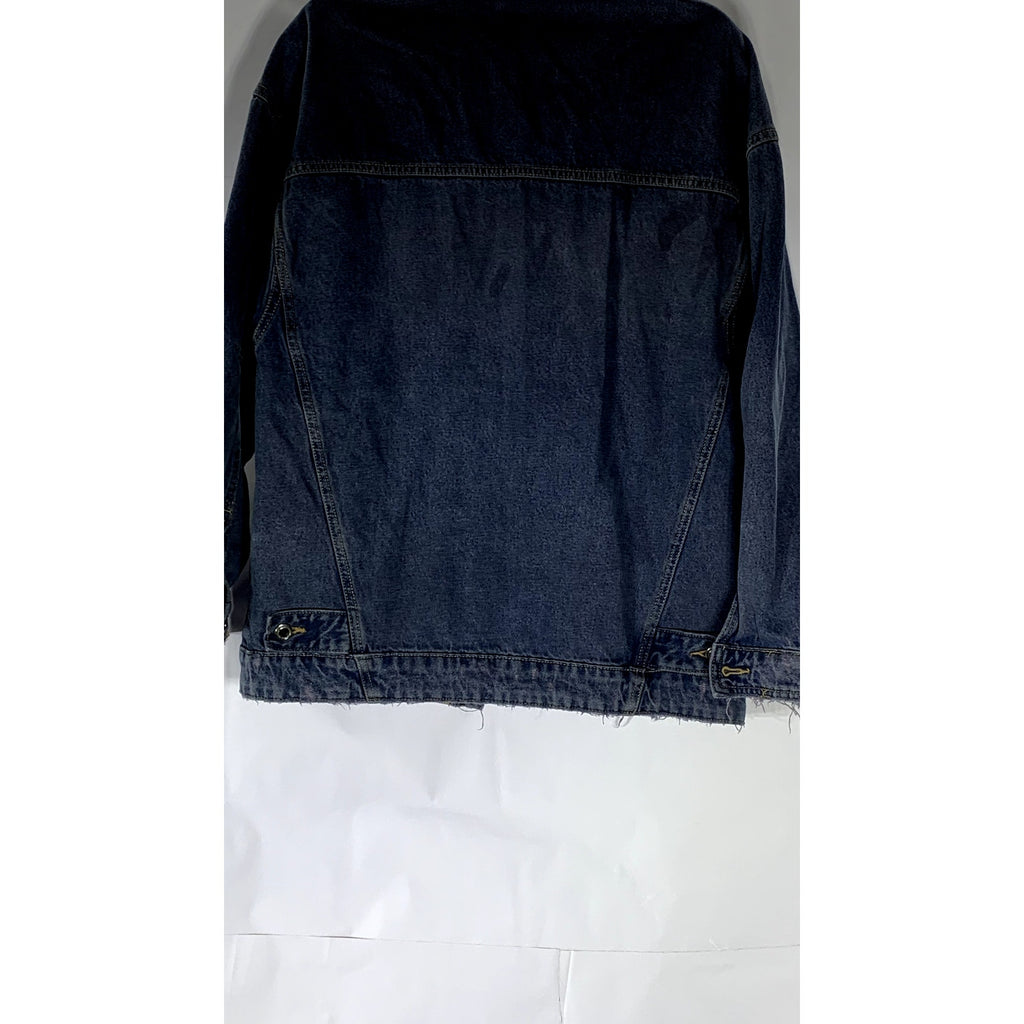 ZARA Women's Dark Navy Blue Denim Distressed Button-Up Oversized Jacket SZ M