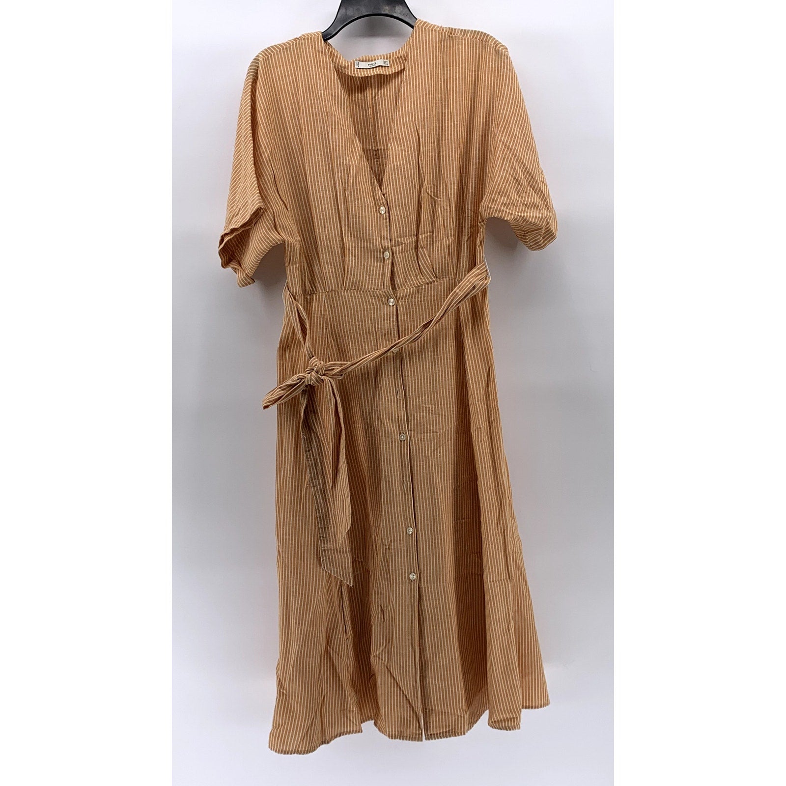 MNG BASICS Women's Orange-White Striped Button-Up Belted Midi Dress SZ S