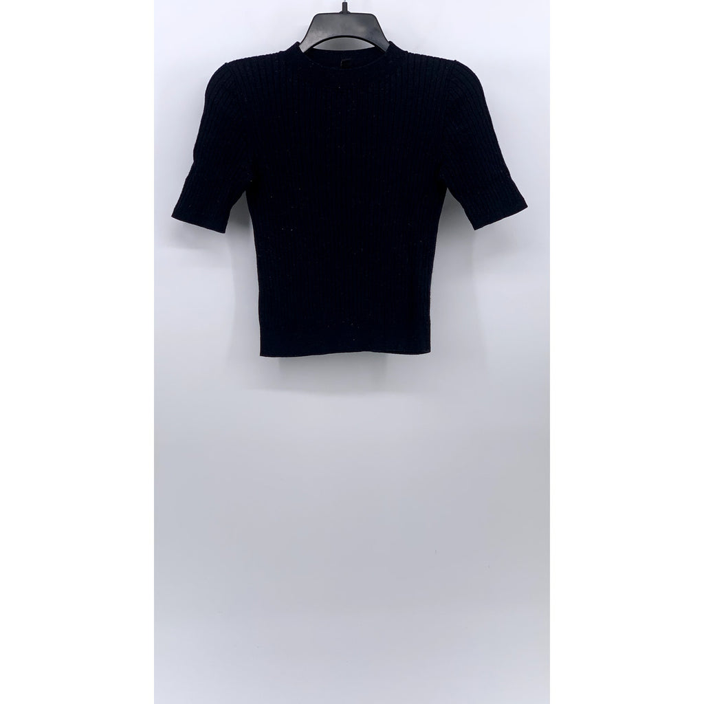 UNIQLO Women's Navy Rib Knit Short Sleeve Cropped Mock-Neck Top SZ M