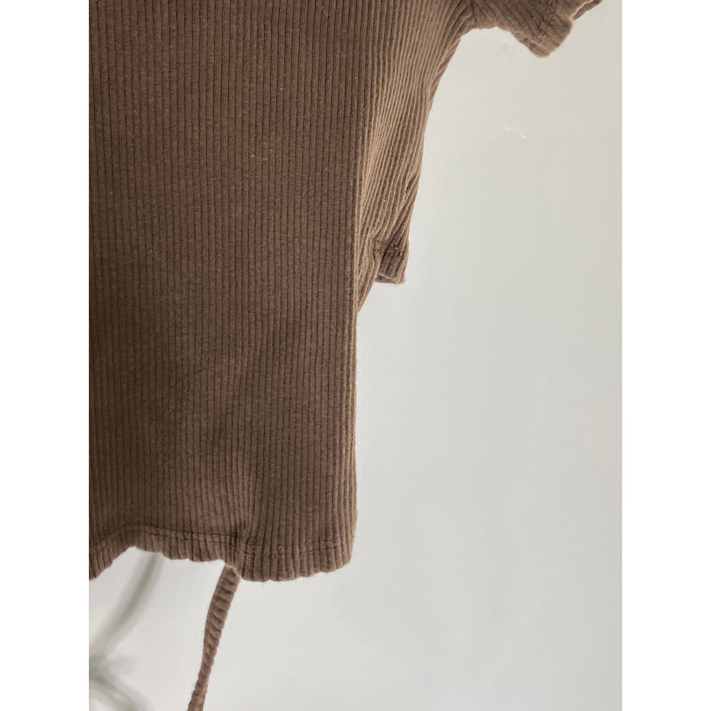 UNBRANDED Women's Brown Cropped Hi-Lo Hem Crew Neck Ribbed Top SZ S