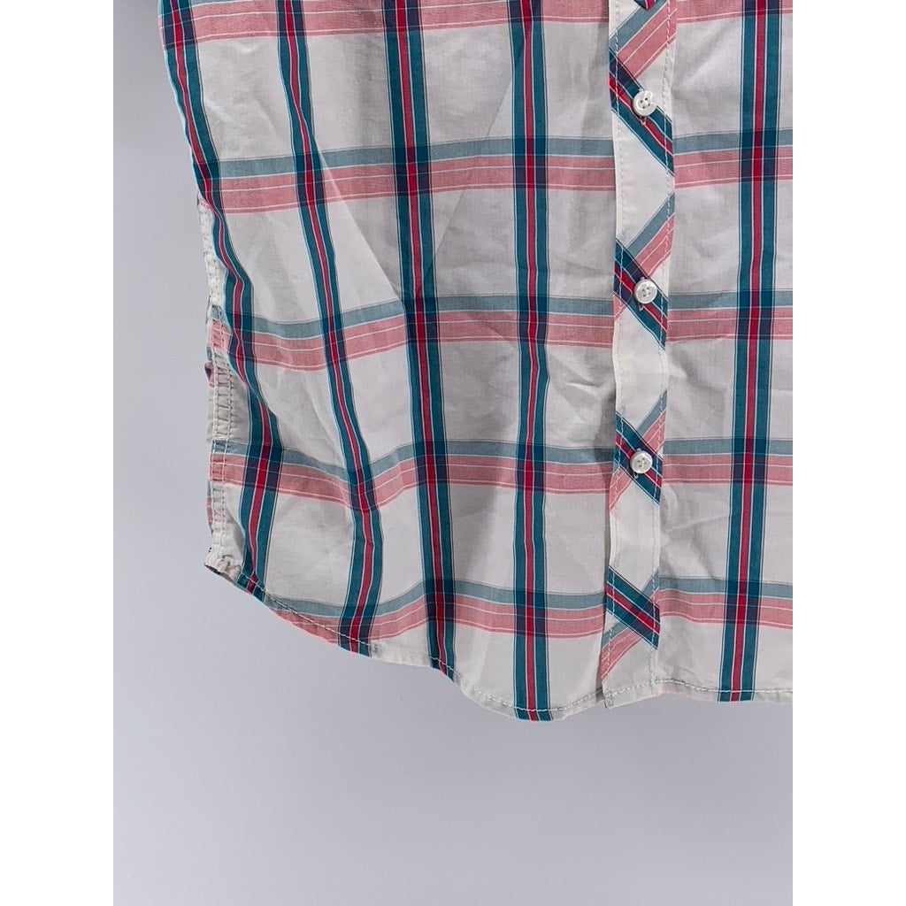 AMERICAN RAG Men's White-Multi Checkered Button-Up Short Sleeve Shirt SZ S