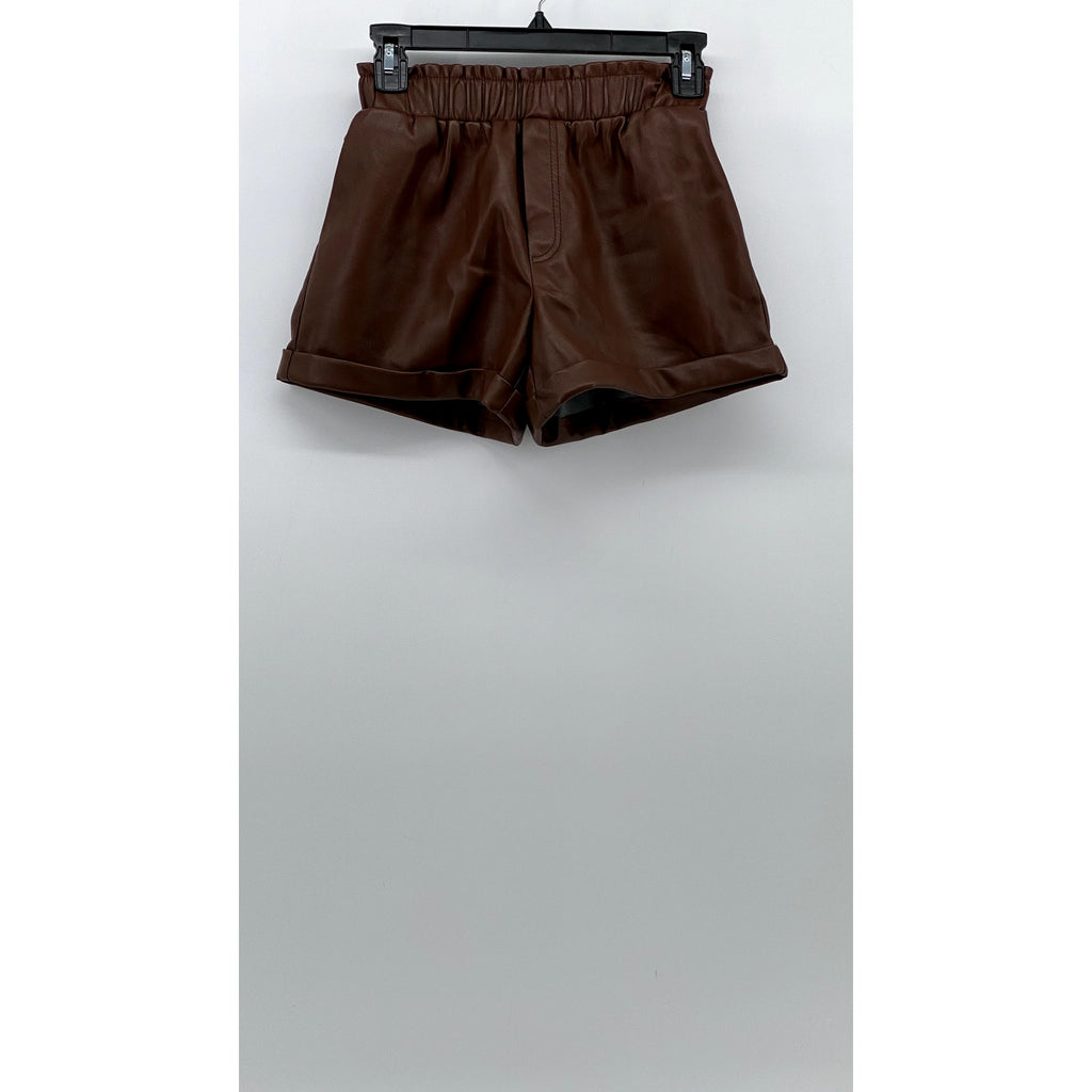 FORVER 21 Women's Brown Faux-Leather Pull-On Cuffed Paperbag Shorts SZ XS
