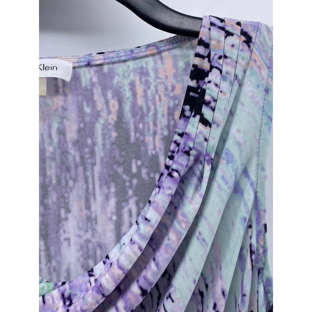 CALVIN KLEIN Women's Purple-Blue Printed Cowl Neck Sleeveless Top SZ M