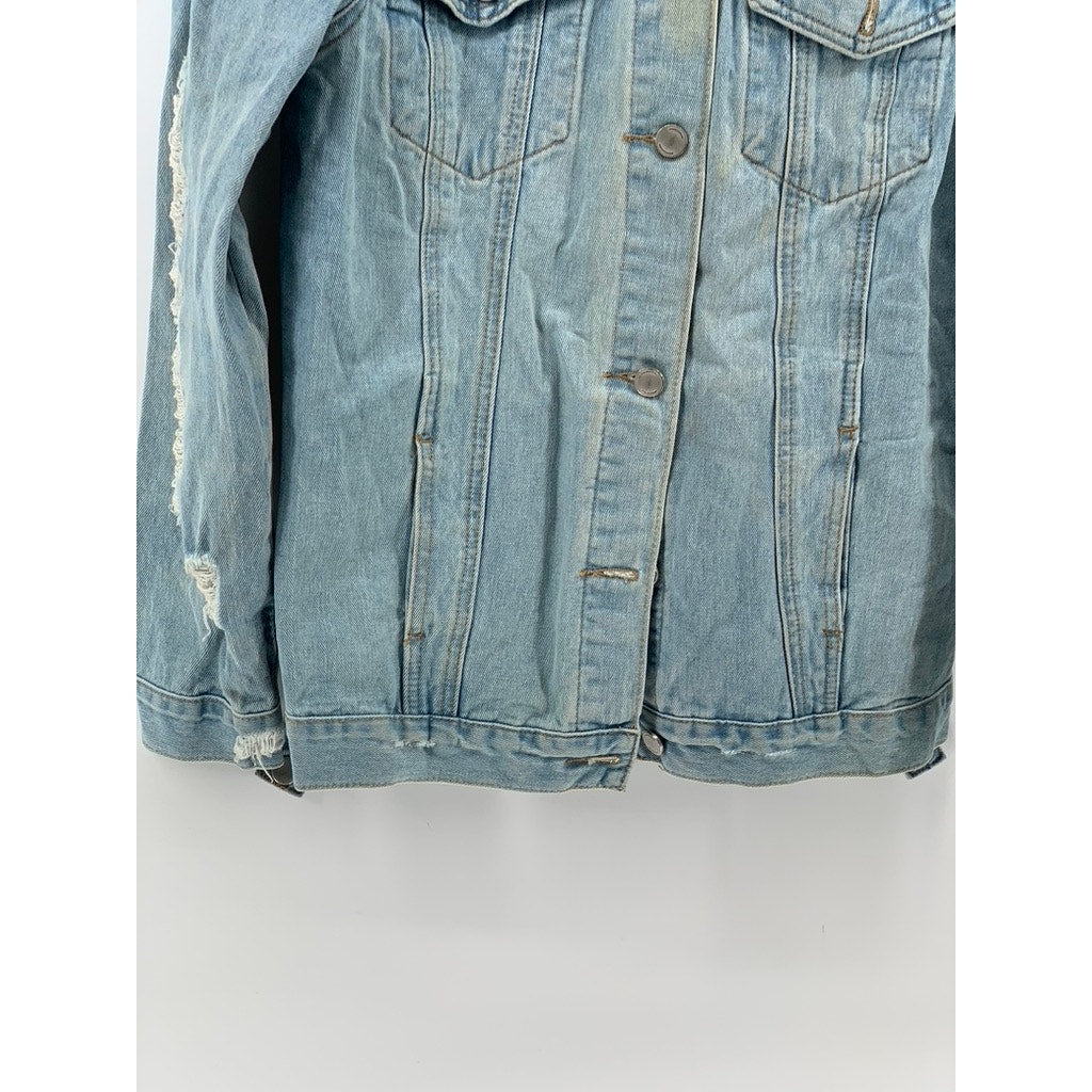 GB GIANNI BINI Women's Blue Distressed Button-Up Long Sleeve Jean Jacket SZ L