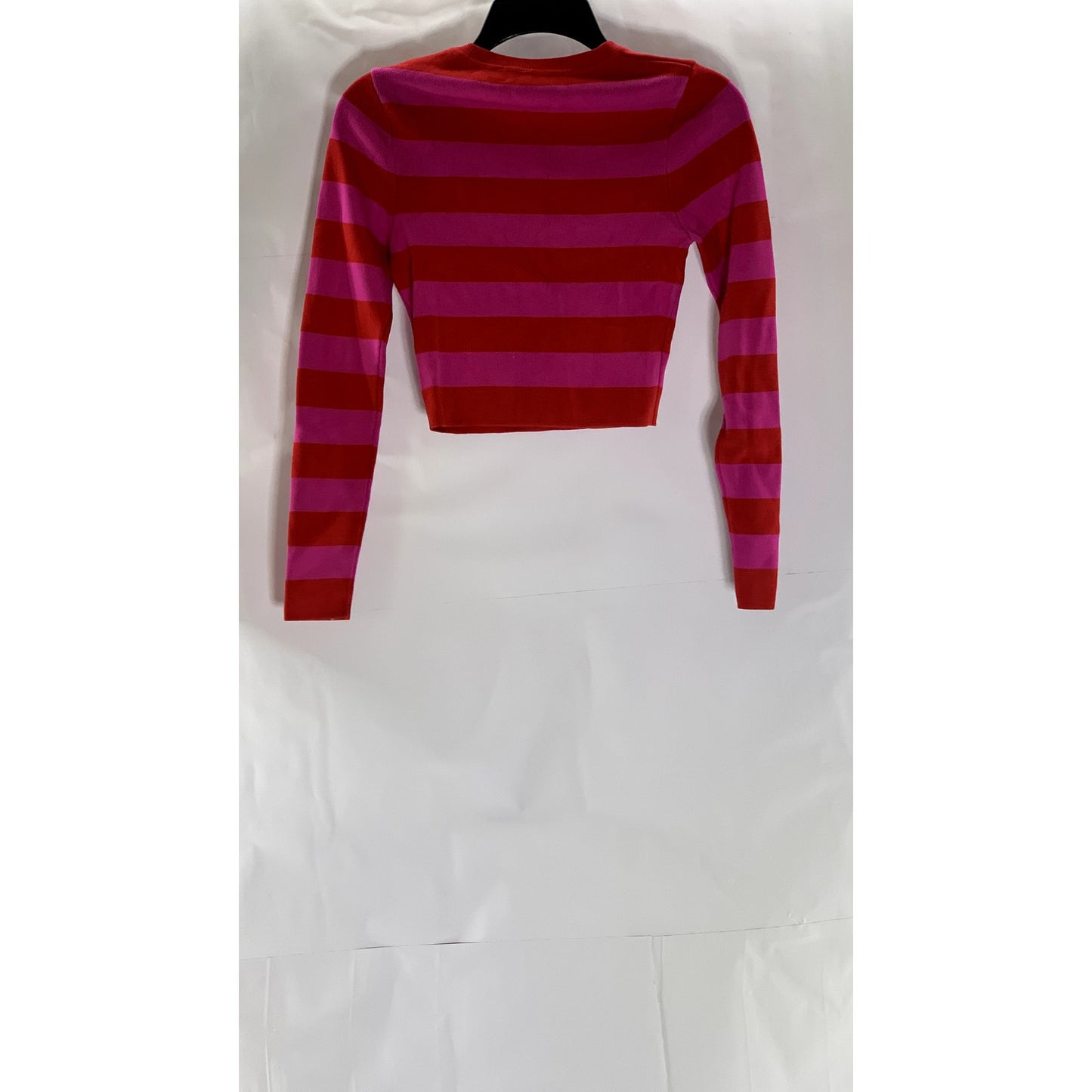 ZARA Women's Pink-Red Striped Crewneck Knit Long Sleeve Crop Top SZ M