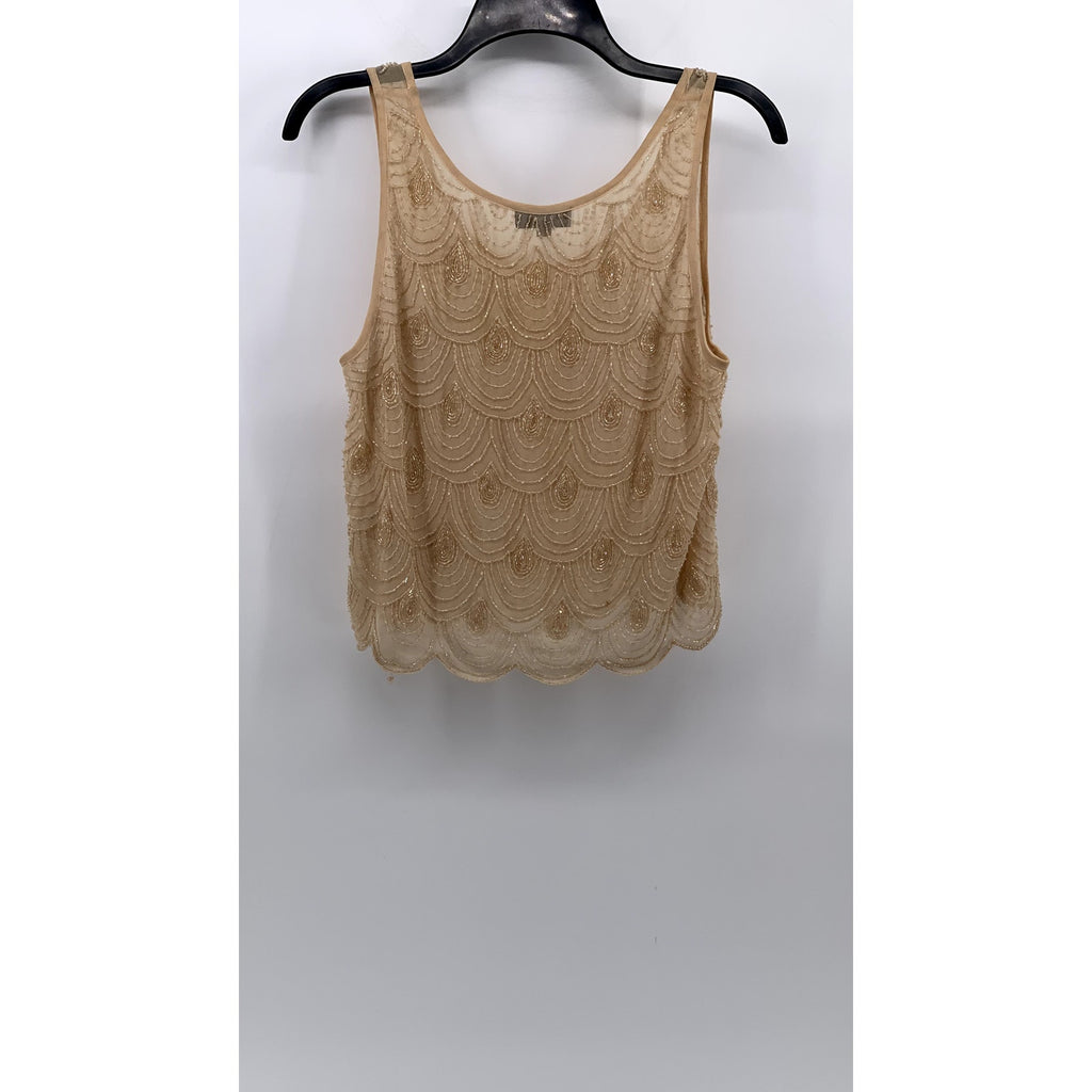 TOPSHOP Women's Beige Beaded Scoop-Neck Sheer Sleeveless Top SZ 6