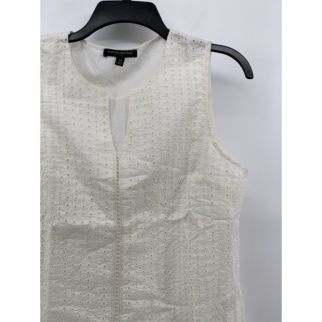 BANANA REPUBLIC Women’s Off-White Split-Neck Sleeveless Eyelet Pullover Top SZ M