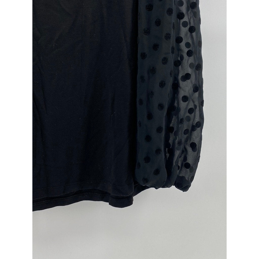 LOFT Women's Black Crewneck Sheer Dot Print Long Sleeve Top SZ L
