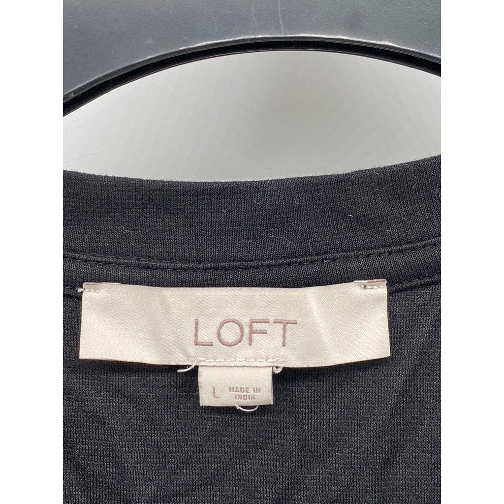 LOFT Women's Black Crewneck Sheer Dot Print Long Sleeve Top SZ L
