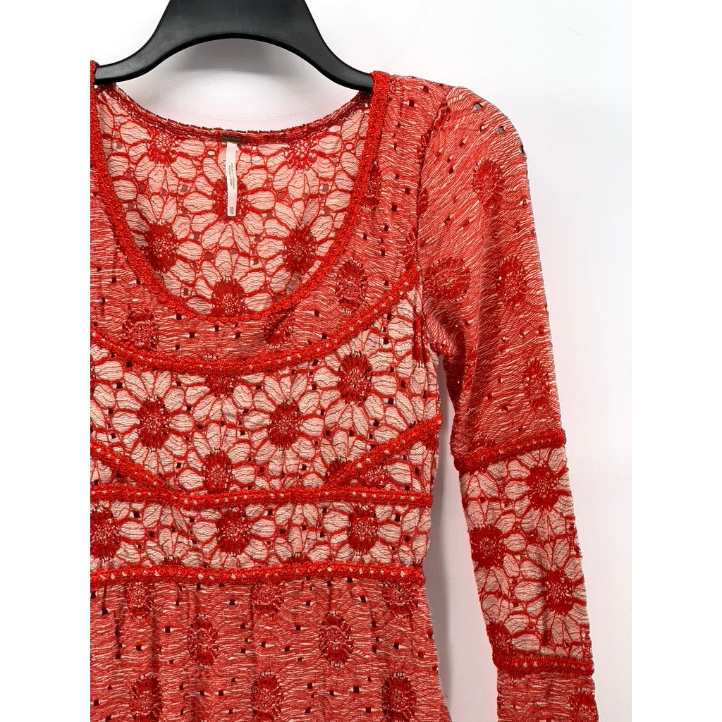 FREE PEOPLE Women's Red-Beige Floral Lace Long Sleeve Scoop-Neck Mini Dress SZXS