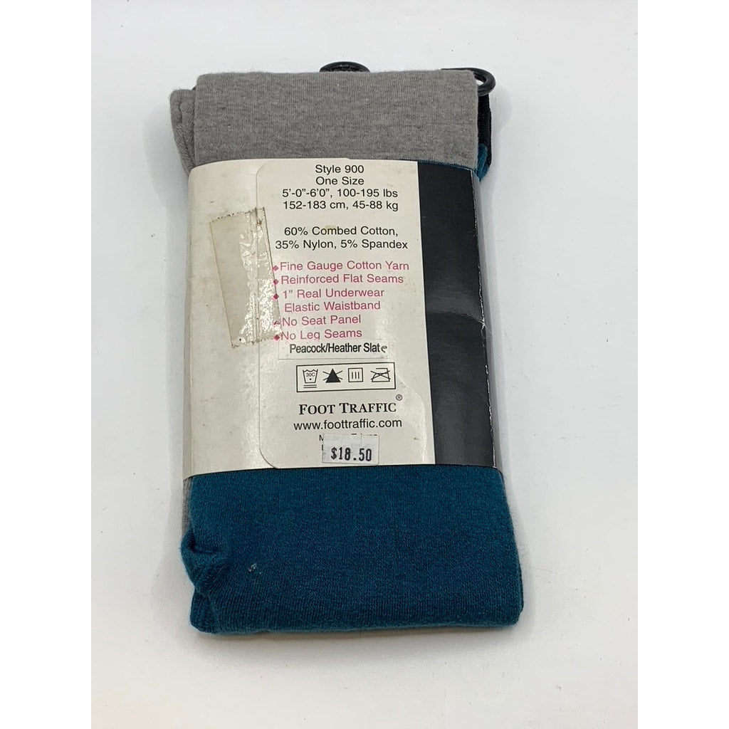 FOOT TRAFFIC Women's Peacock Blue-Heather Gray Color-Block Footed Tights SZ OS