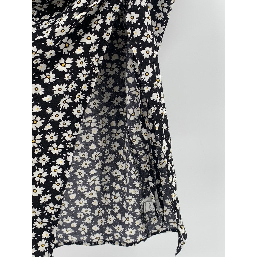 CURVZY Women's Black Ditsy Floral Side-Ruched Midi Skirt SZ 14