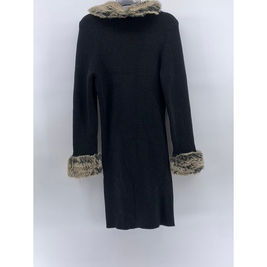 CHRISTIE & JILL Women's Vintage Black Rib Faux Fur Long Sleeve Long Duster SZ L