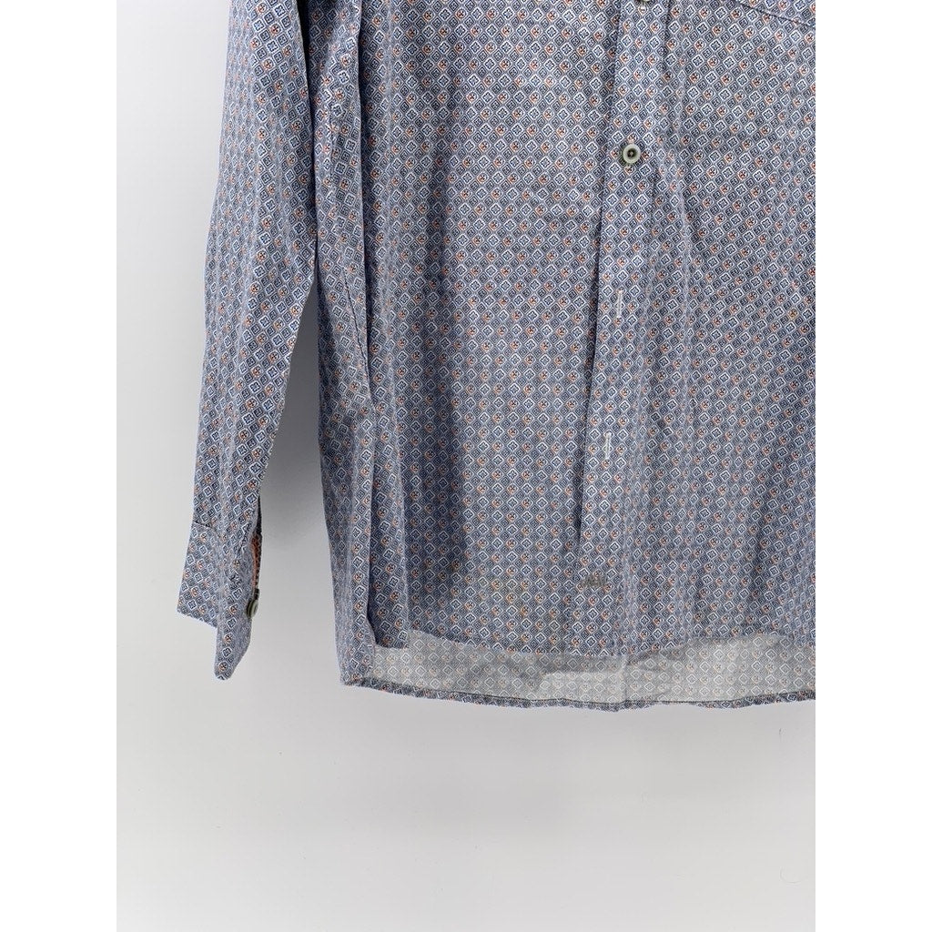JOHNSTON & MURPHY Men's Blue Printed Button-Up Regular-Fit Long Sleeve Shirt SZL