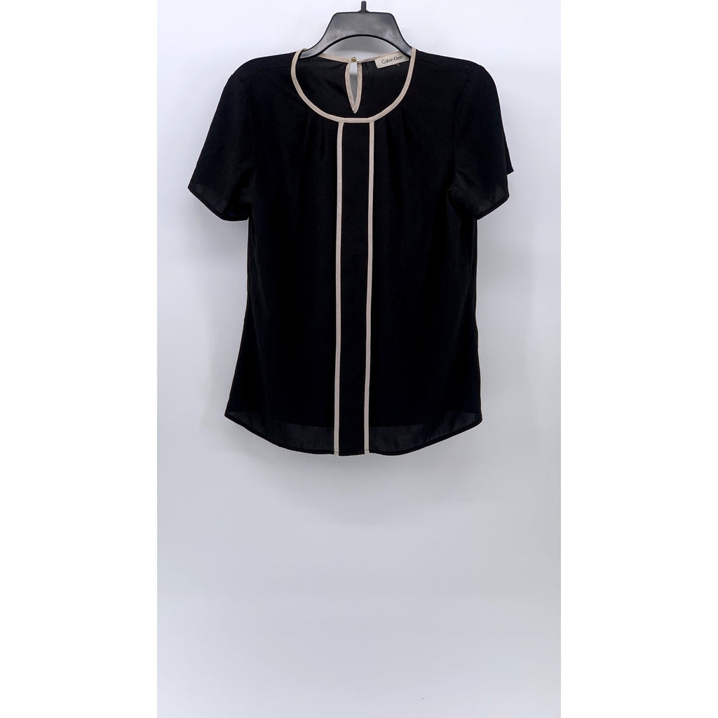 CALVIN KLEIN Women's Black-Cream Scoop-Neck Short Sleeve Stripe Trim Blouse SZ S