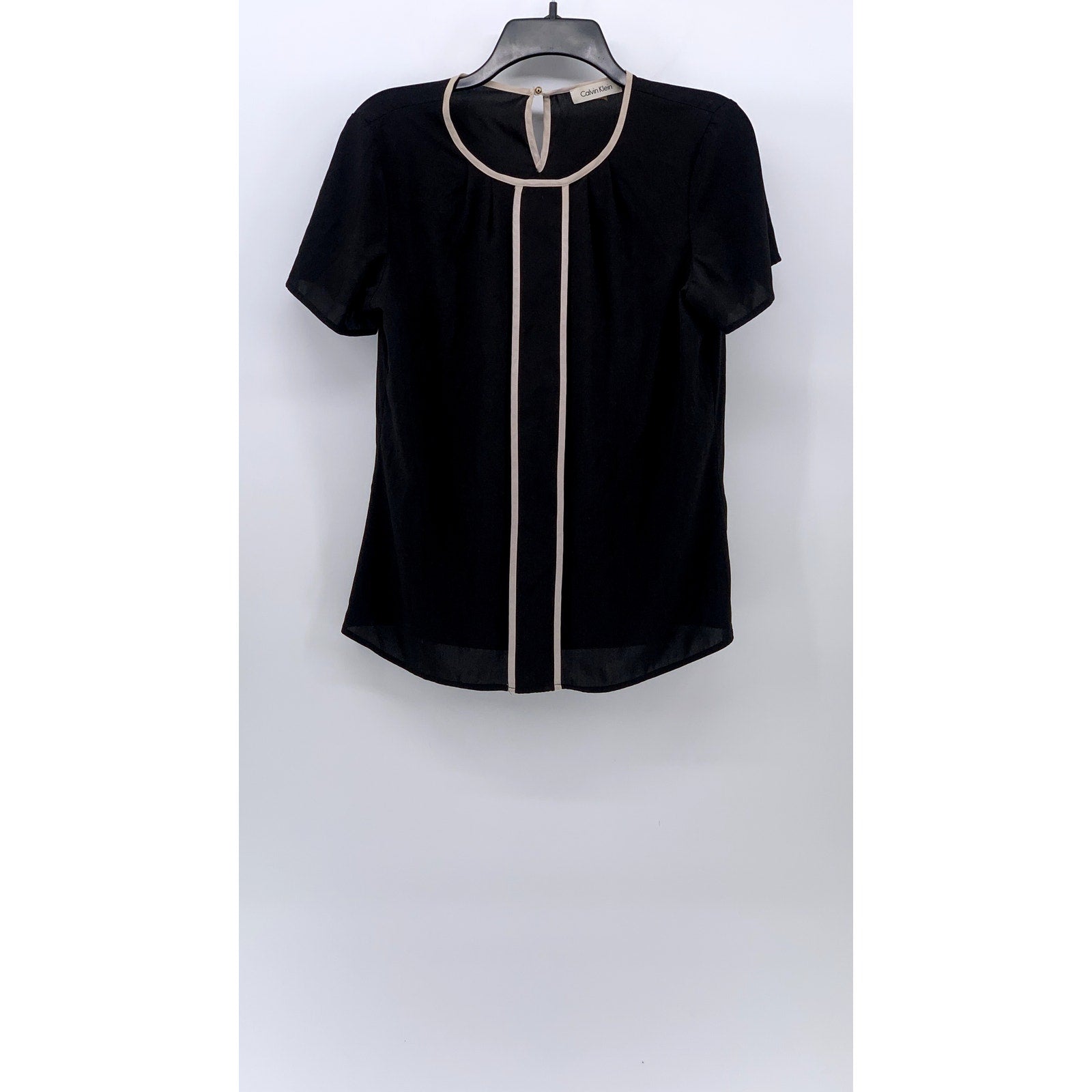 CALVIN KLEIN Women's Black-Cream Scoop-Neck Short Sleeve Stripe Trim Blouse SZ S
