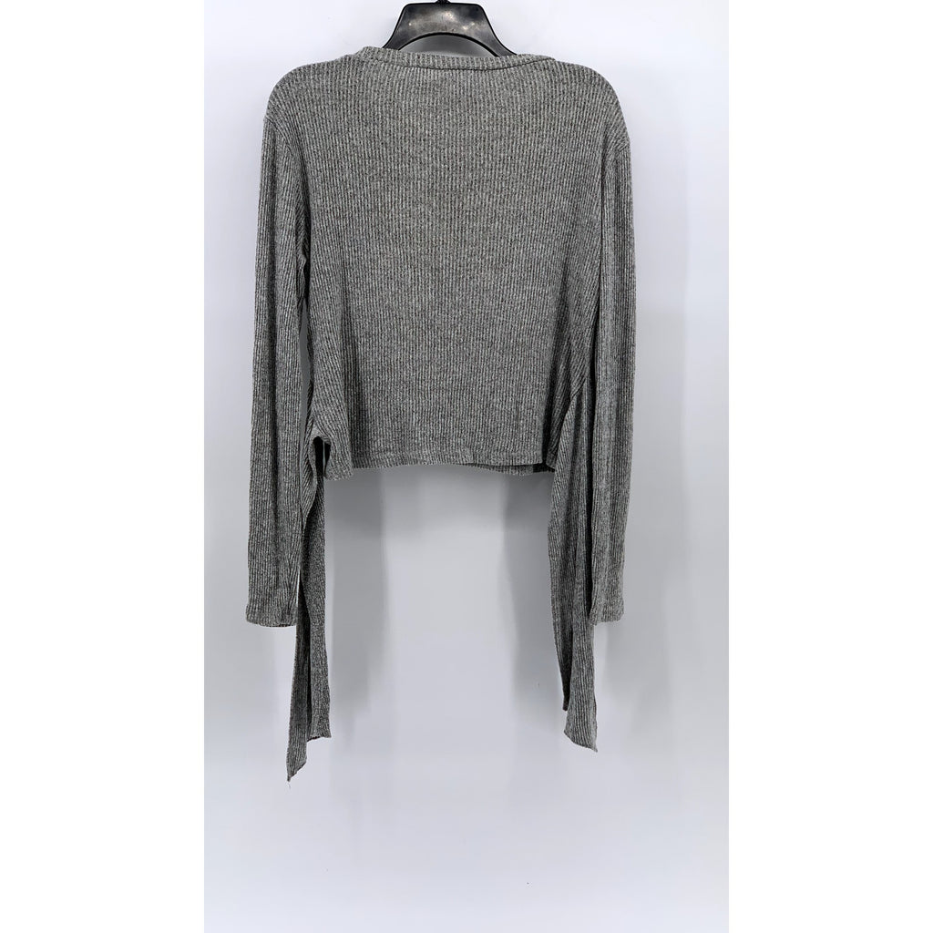 ZARA Women's Light Gray Ribbed Crewneck Long Sleeve Waist Tie Top SZ L