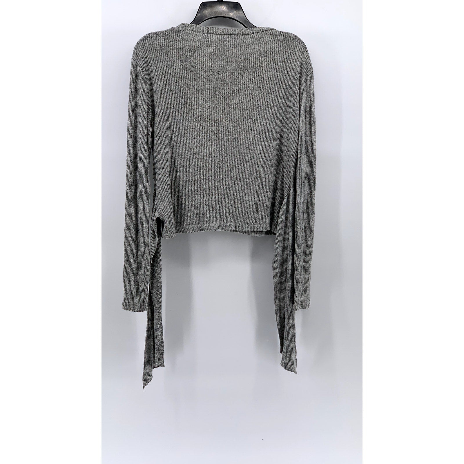 ZARA Women's Light Gray Ribbed Crewneck Long Sleeve Waist Tie Top SZ L