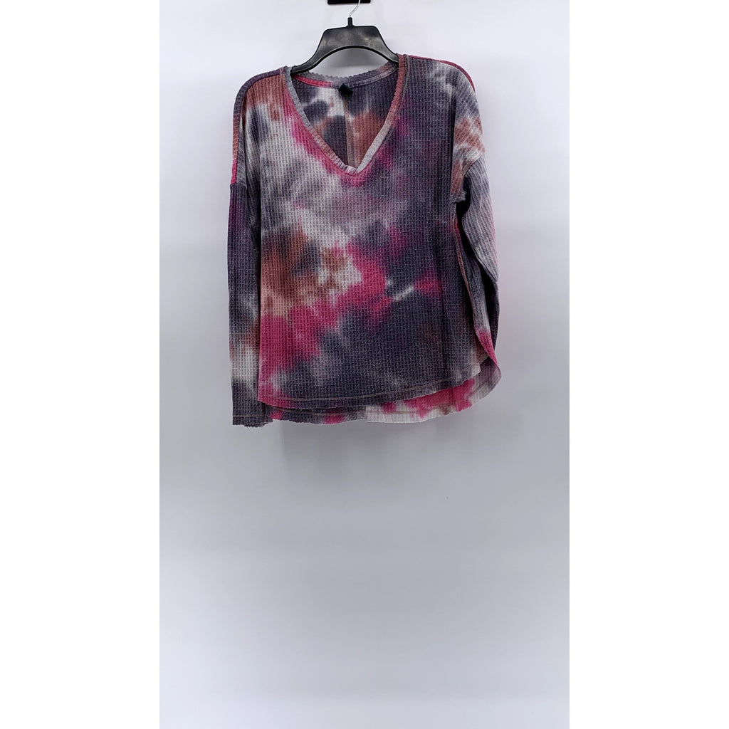 WILD FABLE Women's Pink-Gray Tie-Dye V-Neck Long Sleeve Thermal Top SZ S