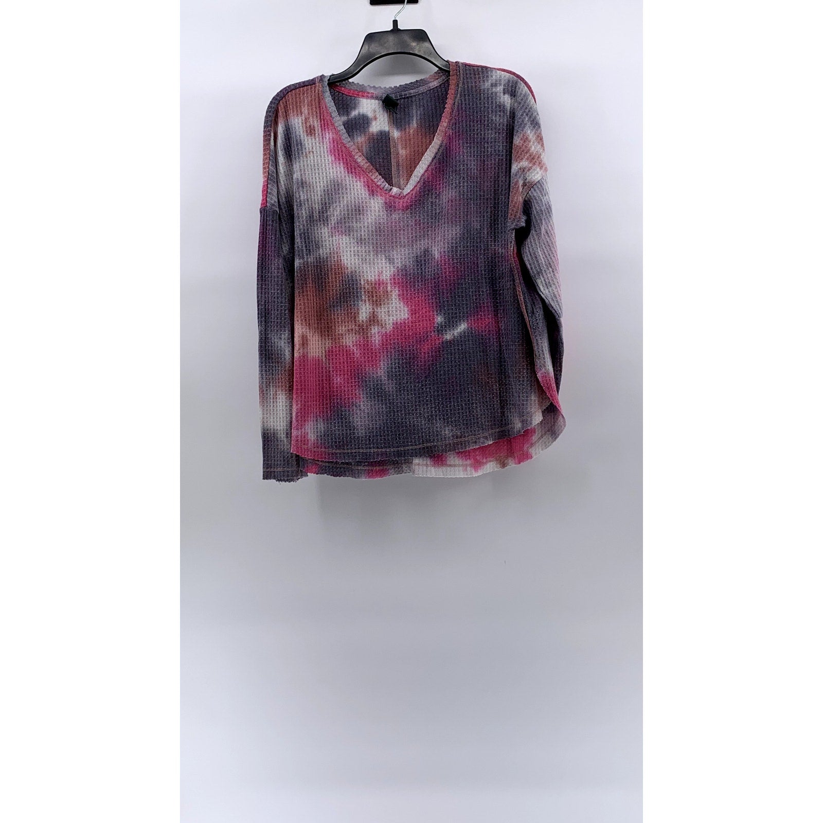 WILD FABLE Women's Pink-Gray Tie-Dye V-Neck Long Sleeve Thermal Top SZ S