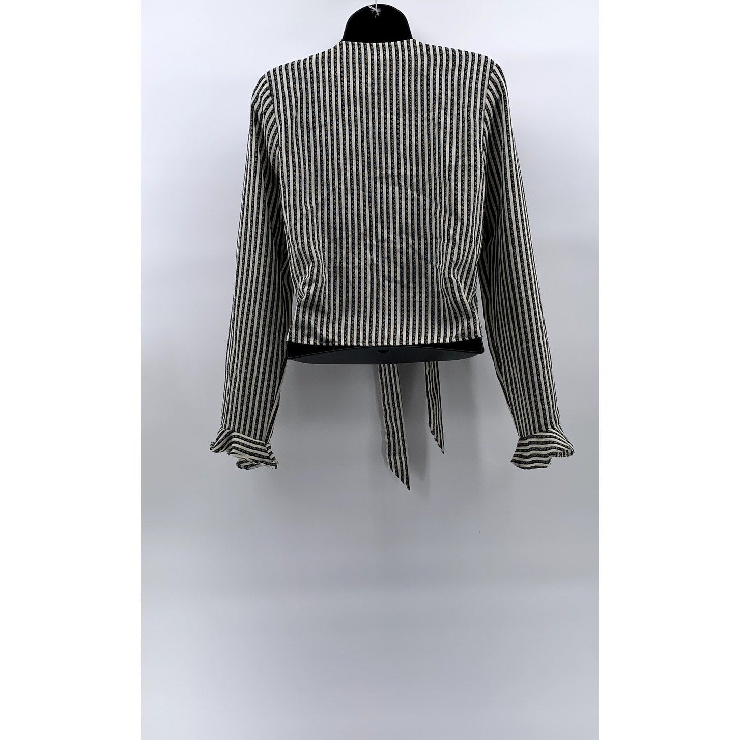 RIHOAS Women's Black-White Striped Printed Tie-Front Ruffle Long Sleeve Top SZ S