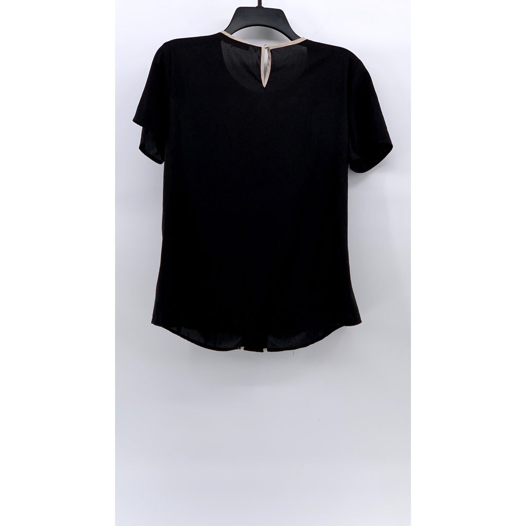 CALVIN KLEIN Women's Black-Cream Scoop-Neck Short Sleeve Stripe Trim Blouse SZ S