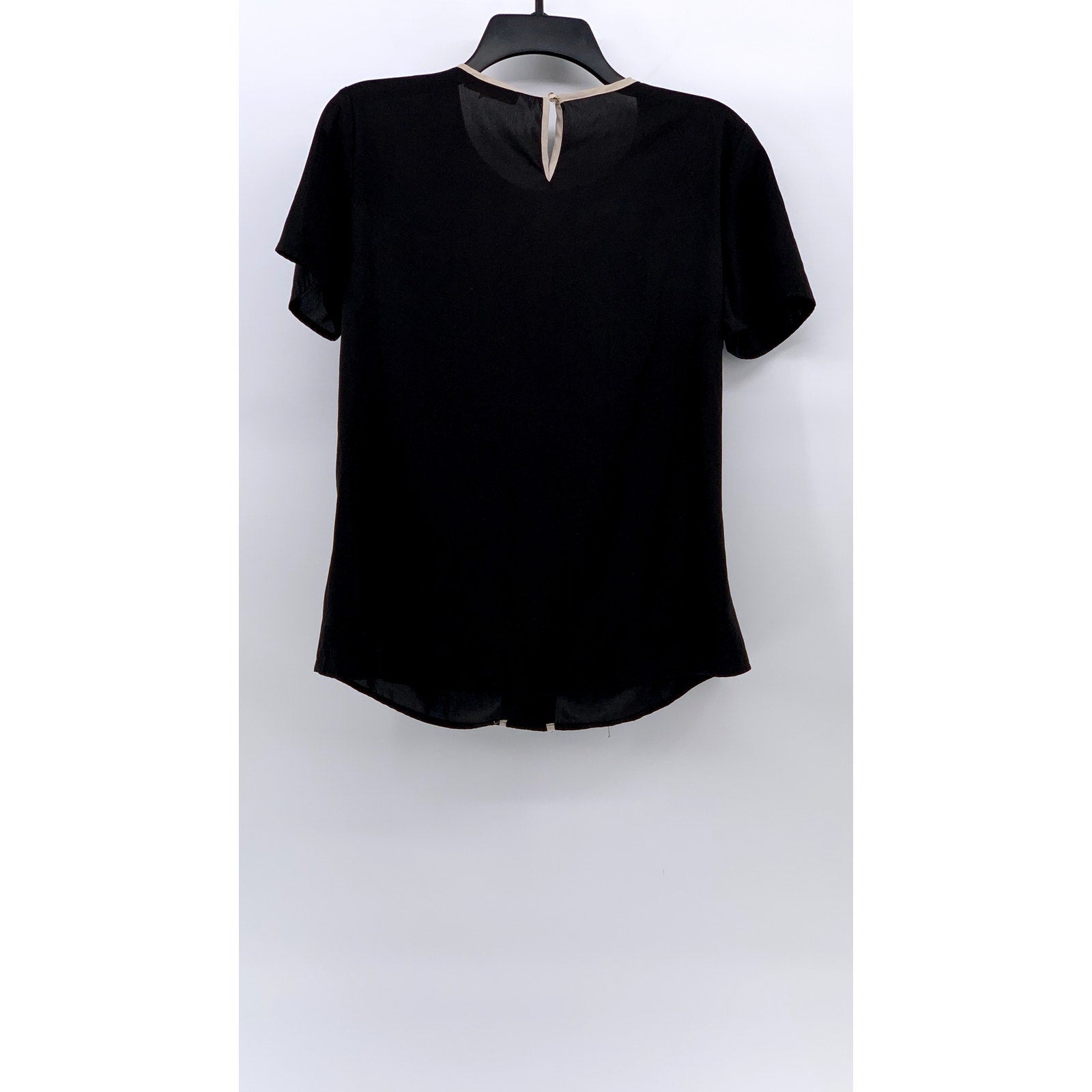 CALVIN KLEIN Women's Black-Cream Scoop-Neck Short Sleeve Stripe Trim Blouse SZ S