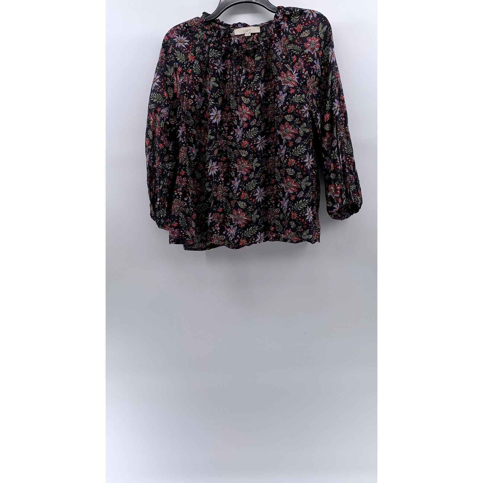 LOFT Women's Black Floral Print Ruffle-Hem Tie-Neck Long Sleeve Top SZ M