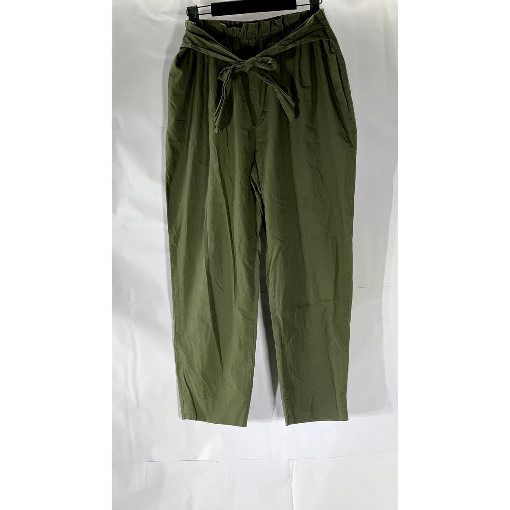 ZARA BASIC COLLECTION Women's Olive Green Straight-Leg Cotton Paperbag Pant SZ M