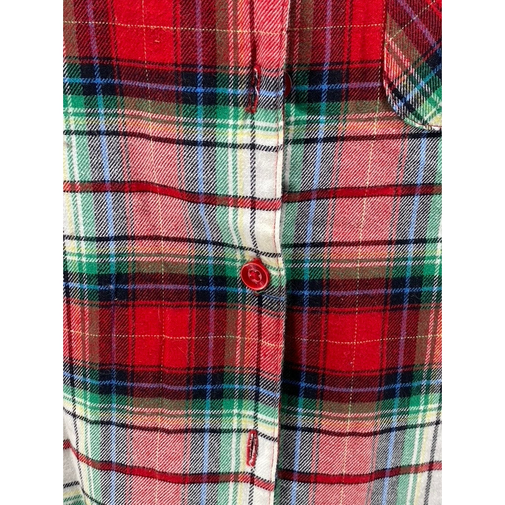 HOLIDAY LANE Women's Green-Red-White Plaid Flannel Button-Up Pajama Top SZ S