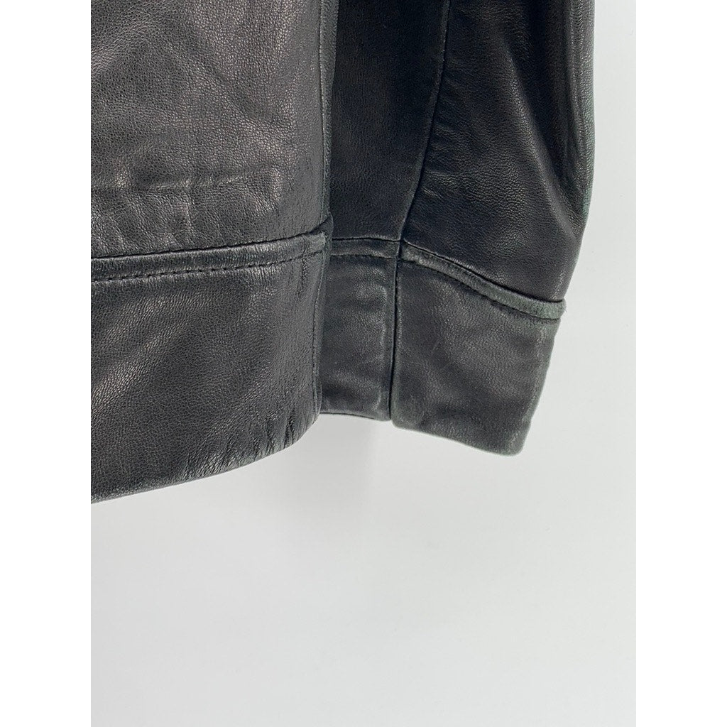 ANDREW MARC Women’s Petite Black Leather Hooded Zip-Up Jacket SZ PS