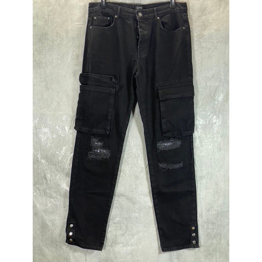 MAN BOOHOOMAN Men's Black Distressed Stretch Popper Hem Cargo Jeans SZ 36