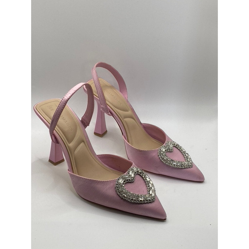 PRIMARK Women's Pink Satin Rhinestone Heart Pointed Toe Stiletto Sandals SZ 7