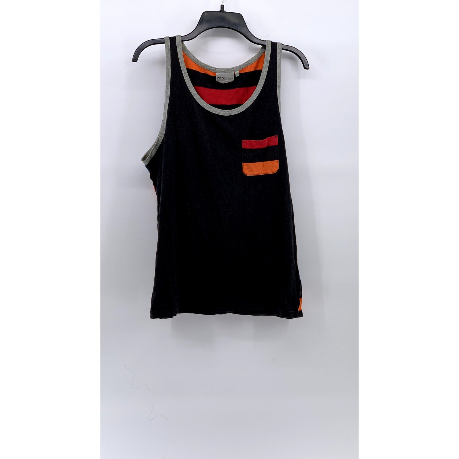 WESC Men's Black-Multi Striped Scoop-Neck Pocket Cotton Casual Tank SZ M