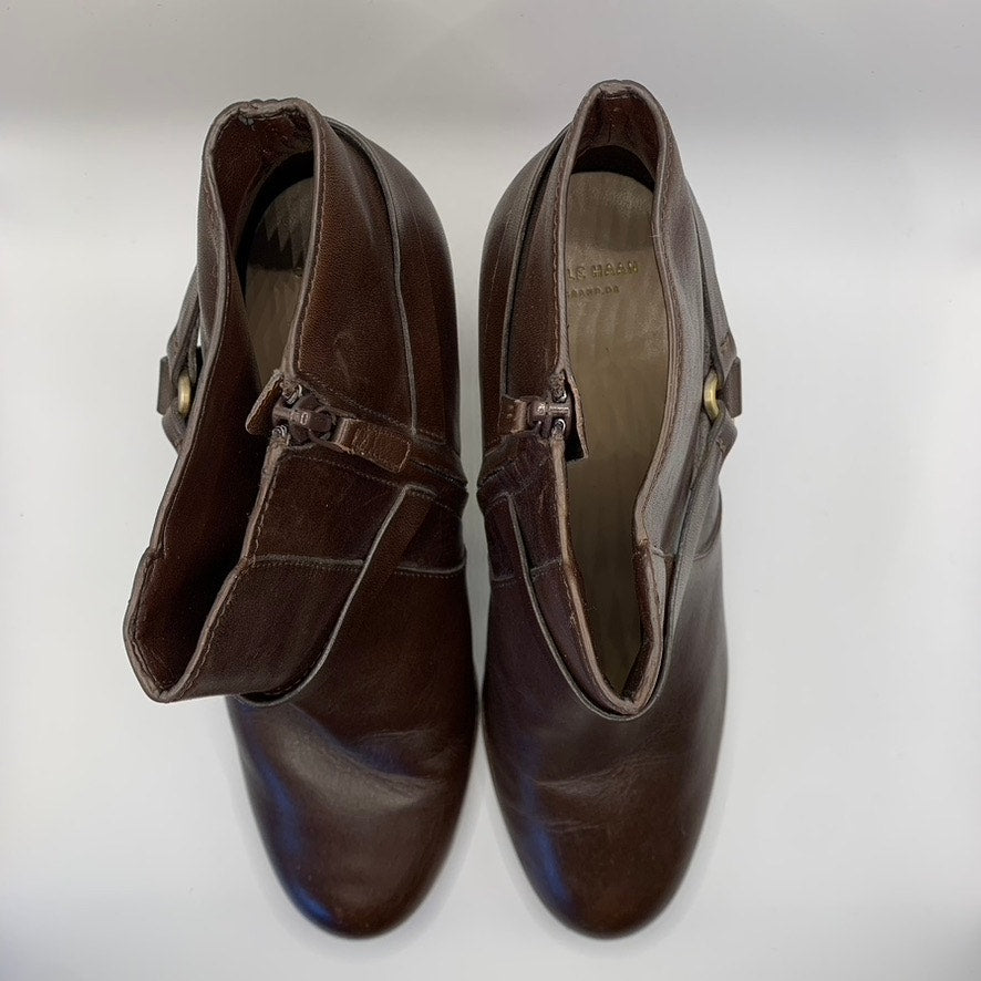 COLE HAAN Women's Brown Leather Calixta Round-Toe Side-Zipper Bootie SZ 10