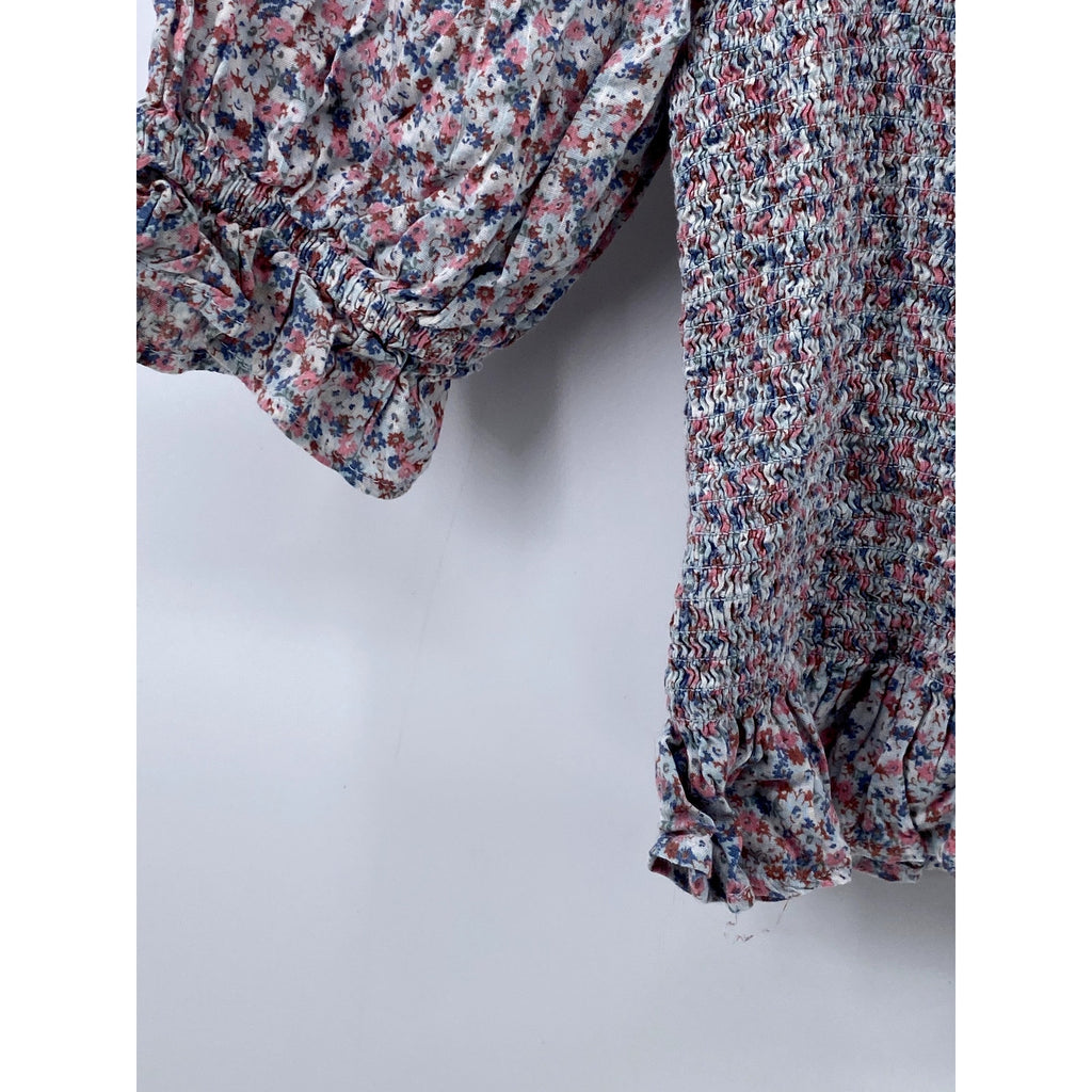 GAP Women's Pink-Blue Floral Straight-Neck Puff Elbow Sleeve Smocked Top SZ S