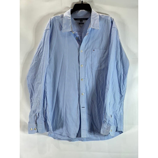TOMMY HILFIGER Men's Light Blue Striped Classic-Fit Button-Up Shirt SZ XL