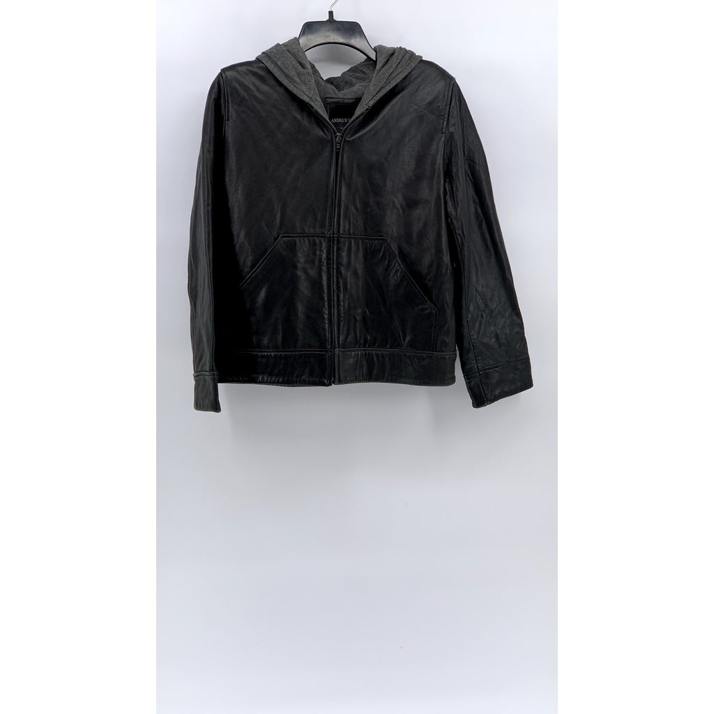 ANDREW MARC Women’s Petite Black Leather Hooded Zip-Up Jacket SZ PS