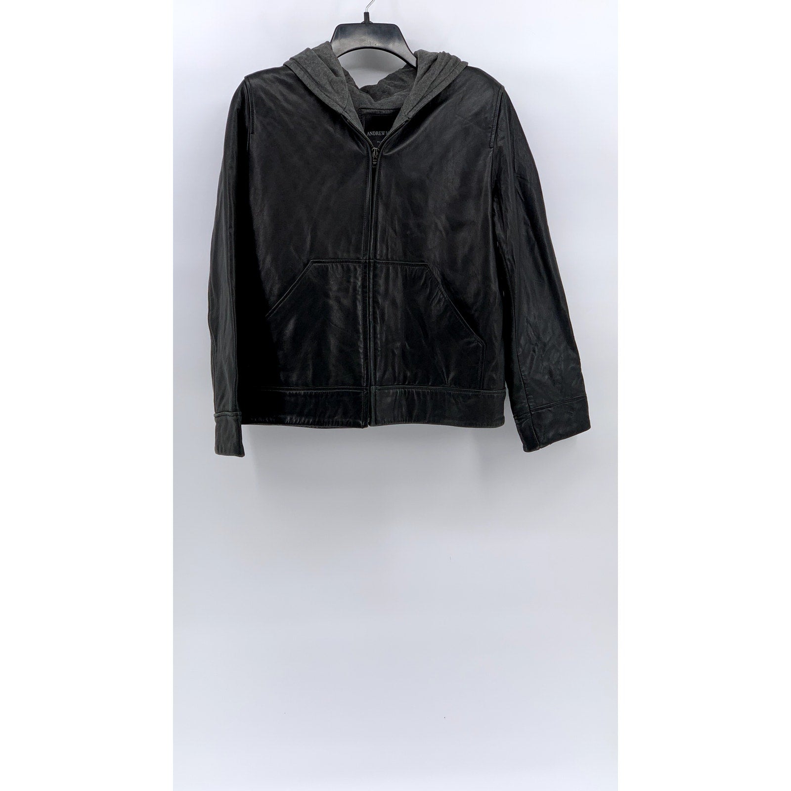 ANDREW MARC Women’s Petite Black Leather Hooded Zip-Up Jacket SZ PS