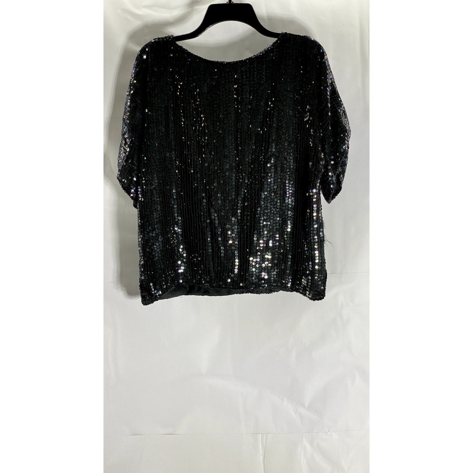 UNBRANDED Women's Vintage Black Sequin Embellished V-Neck Short Sleeve Top SZ S