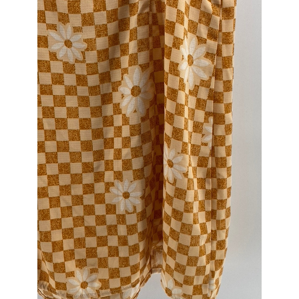 URBAN OUTFITTERS Women's Orange Checkered Daisy Print Cowl-Neck Mini Dress SZ L