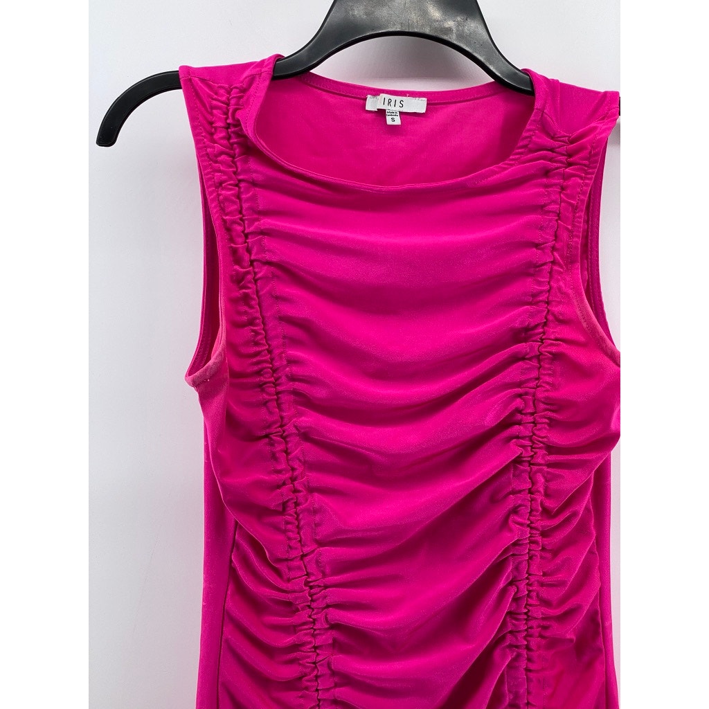 IRIS Women’s Fuchsia Scrunched Crewneck Sleeveless Drawstring Hem Mini Dress SZS