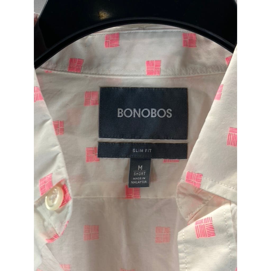 BONOBOS Men's Short White/Pink Printed Slim-Fit Button-Up Long Sleeve Shirt SZ M