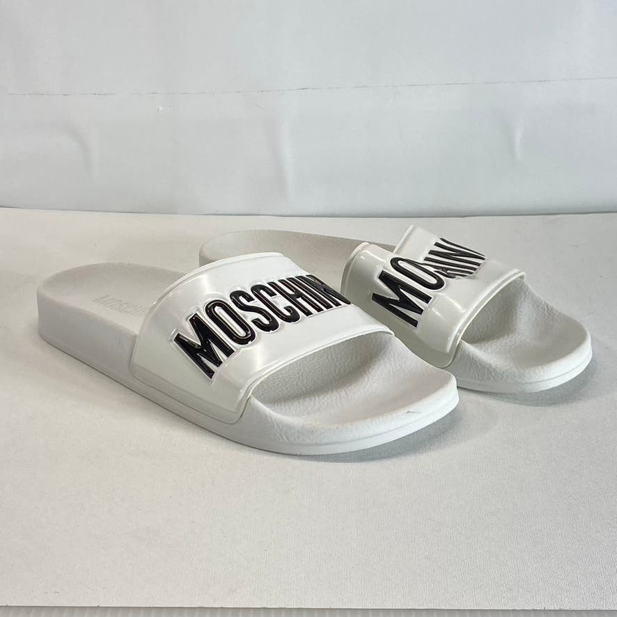 MOSCHINO Women's White/Black Oversized Logo Slip-On Pool Slide Sandals SZ 8