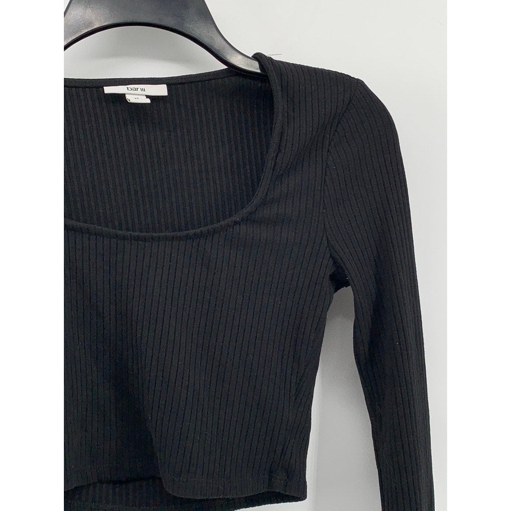 BAR III Women's Black Ribbed Straight-Neck Long Sleeve Crop Top SZ XS
