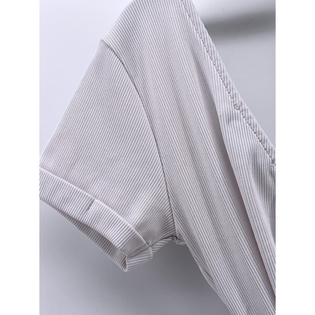 REVAMPED Women's White Ribbed V-Neck Short Sleeve Cropped Wrap Top SZ S